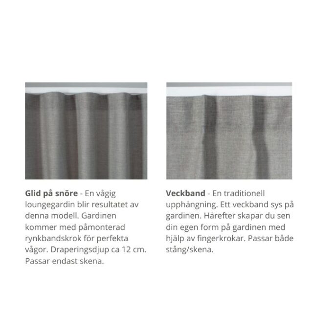 Olika gardinupphägningar - Glid på snöre och veckband