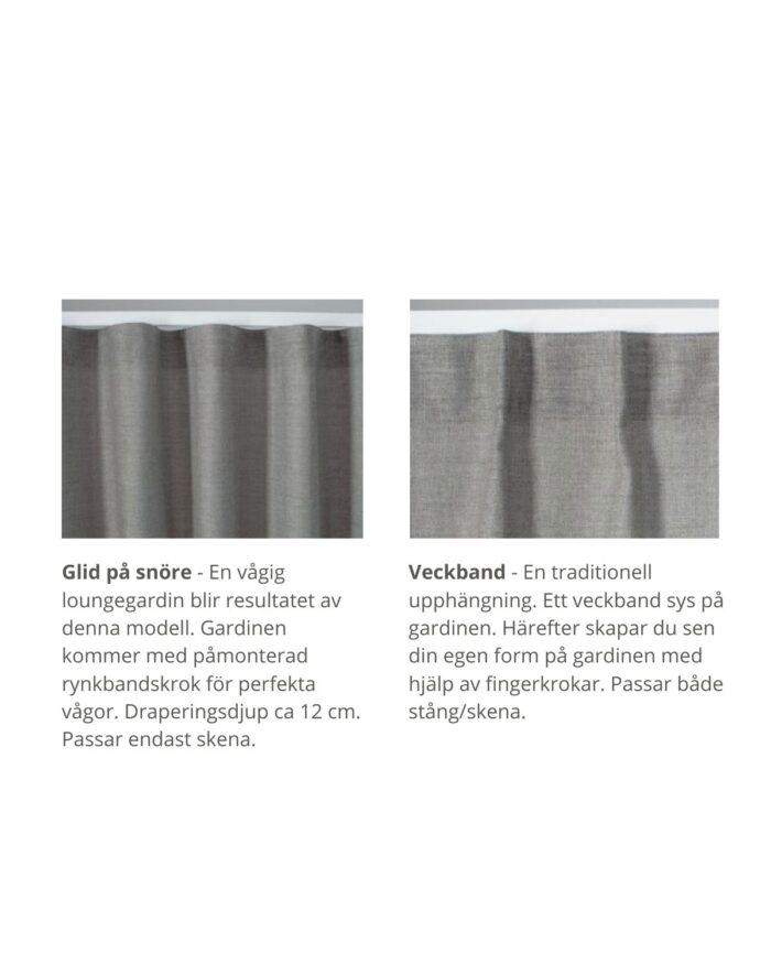 Olika gardinupphägningar - Glid på snöre och veckband